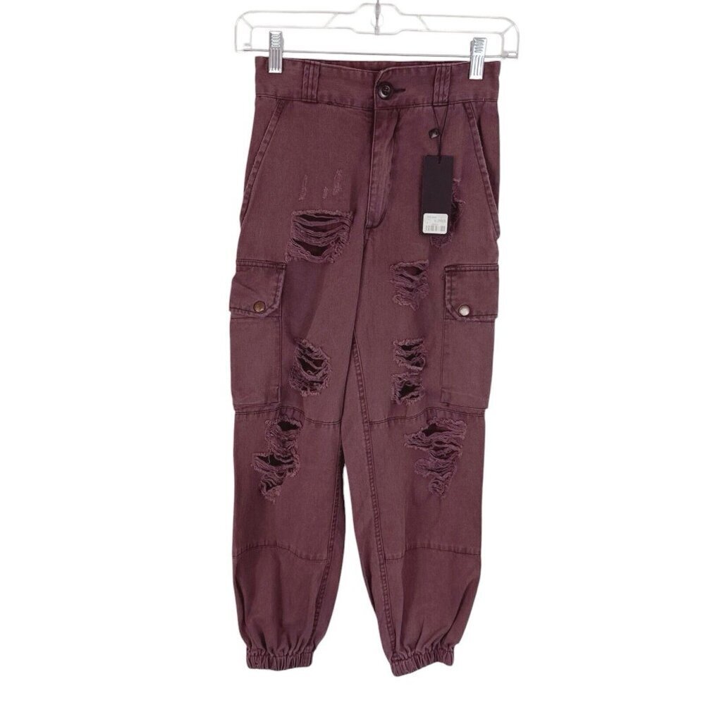 Carmar Los Angeles Women's Waist 24..5" (4) Destroyed Cargo Jogger Burgundy Nwt